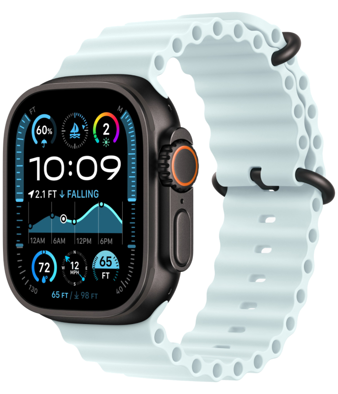 Фото Apple Watch Ultra 2 GPS + Cellular, 49 мм, корпус из черного титана, ремешок Ocean цвета «ледяной синий» На фото изображено Apple Watch Ultra 2 GPS + Cellular, 49 мм, корпус из черного титана, ремешок Ocean цвета «ледяной синий»