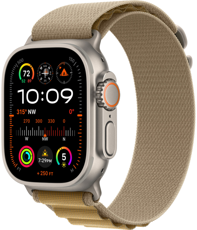 Фото Apple Watch Ultra 2 GPS + Cellular, 49 мм, корпус из бежевого титана, ремешок Alpine цвета Загар, размер M На фото изображено Apple Watch Ultra 2 GPS + Cellular, 49 мм, корпус из бежевого титана, ремешок Alpine цвета Загар, размер M