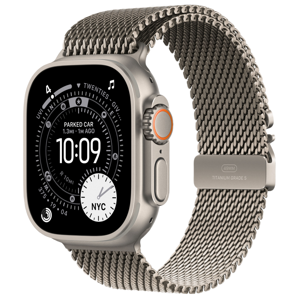 Фото Apple Watch Ultra 3 GPS + Cellular, 49 мм, корпус из натурального титана, ремешок Milanese цвета «натуральный титан», размер M На фото изображено Apple Watch Ultra 3 GPS + Cellular, 49 мм, корпус из натурального титана, ремешок Milanese цвета «натуральный титан», размер M