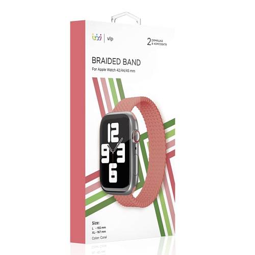 Ремешок нейлоновый плетёный VLP для Apple Watch 42/44/45, S/M, коралловый Ремешок нейлоновый плетёный VLP для Apple Watch 42/44/45, S/M, коралловый
